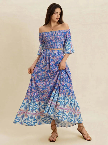 Smocked Off - Shoulder Printed Top and Skirt Set - VILLA FASHION