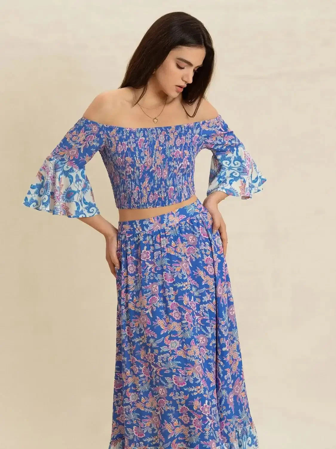 Smocked Off - Shoulder Printed Top and Skirt Set - VILLA FASHION