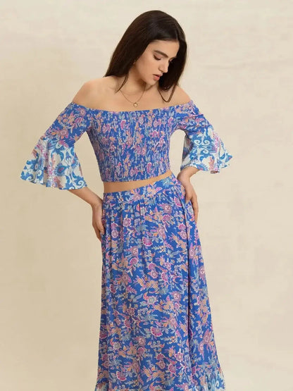 Smocked Off - Shoulder Printed Top and Skirt Set - VILLA FASHION