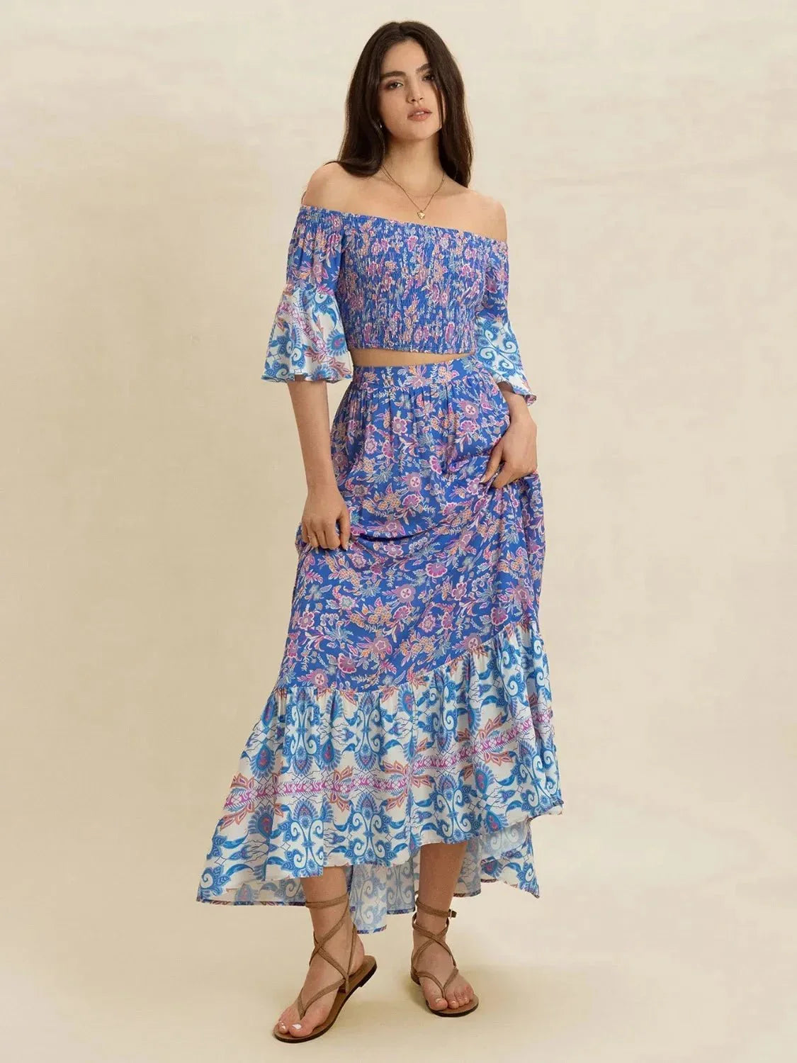 Smocked Off - Shoulder Printed Top and Skirt Set - VILLA FASHION