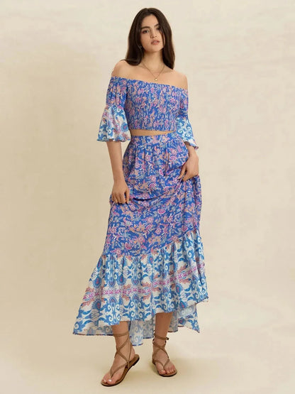 Smocked Off - Shoulder Printed Top and Skirt Set - VILLA FASHION