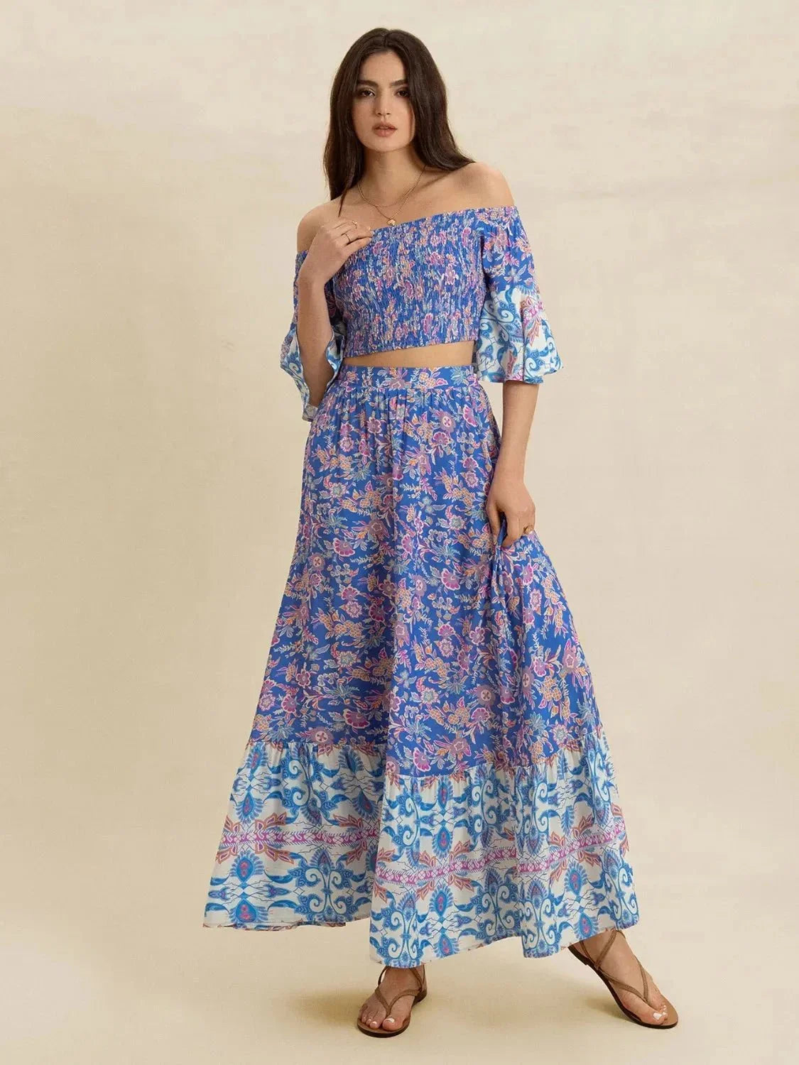 Smocked Off - Shoulder Printed Top and Skirt Set - VILLA FASHION