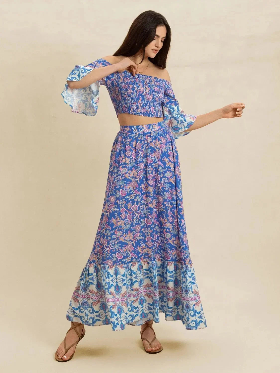 Smocked Off - Shoulder Printed Top and Skirt Set - VILLA FASHION