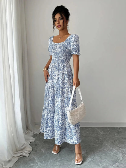 Smocked Printed Short Sleeve Dress - VILLA FASHION