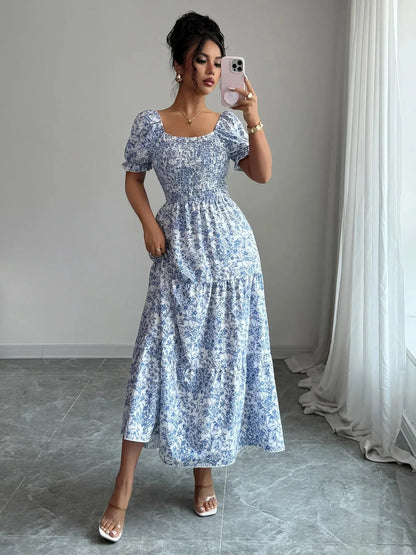 Smocked Printed Short Sleeve Dress - VILLA FASHION