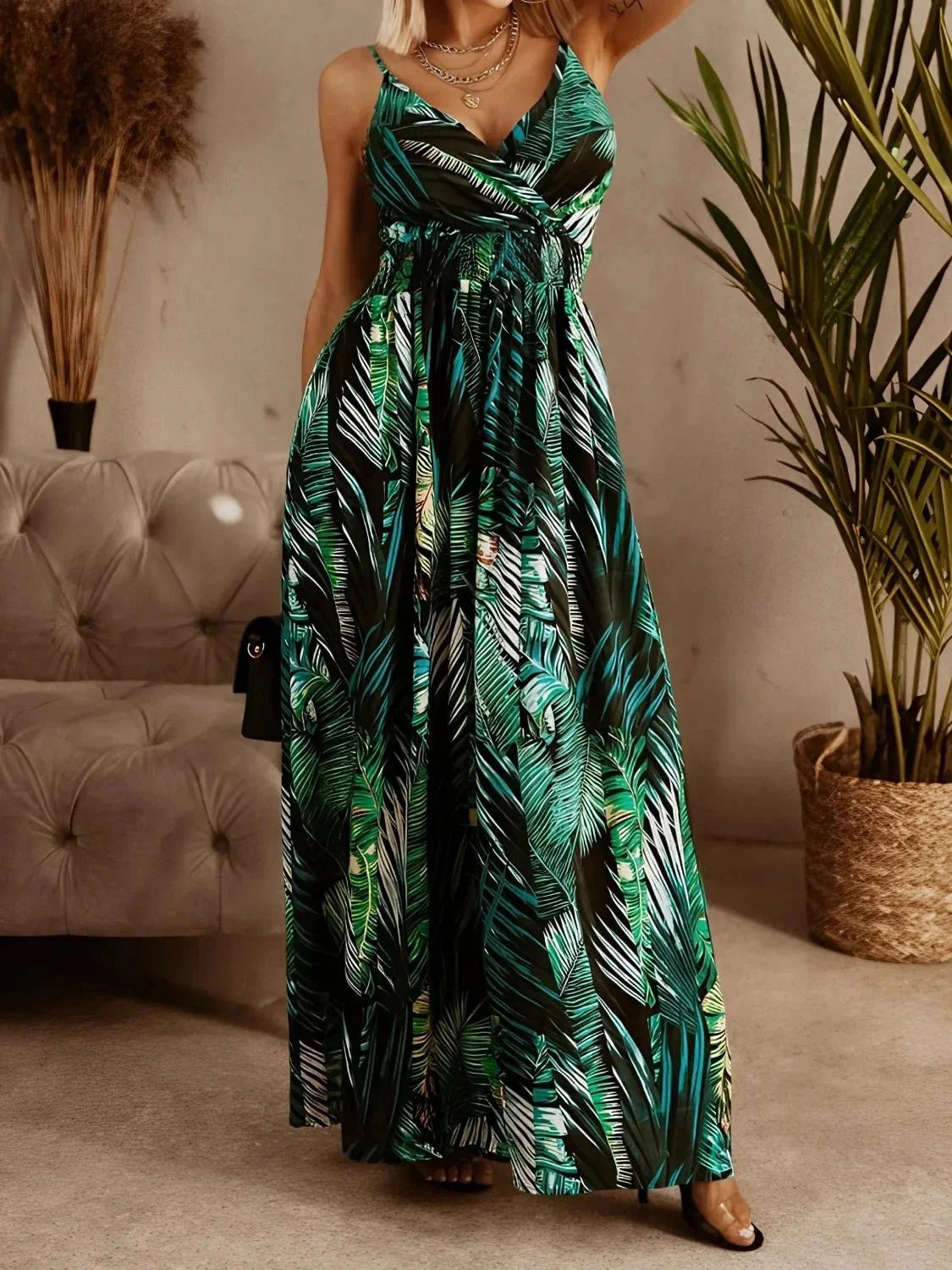 Smocked Printed Surplice Maxi Cami Dress - VILLA FASHION
