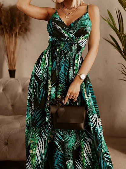 Smocked Printed Surplice Maxi Cami Dress - VILLA FASHION