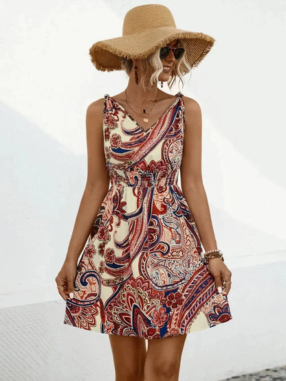 Smocked Printed V - Neck Mini Dress - VILLA FASHION