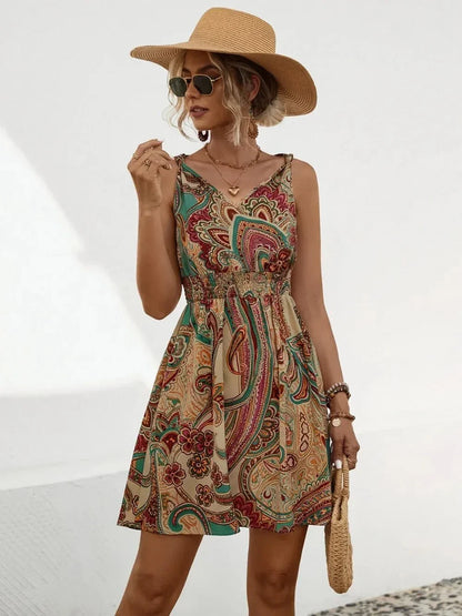 Smocked Printed V - Neck Mini Dress - VILLA FASHION
