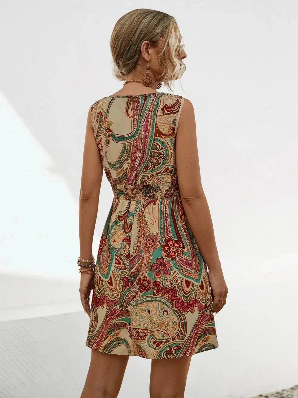 Smocked Printed V - Neck Mini Dress - VILLA FASHION