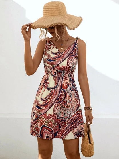 Smocked Printed V - Neck Mini Dress - VILLA FASHION