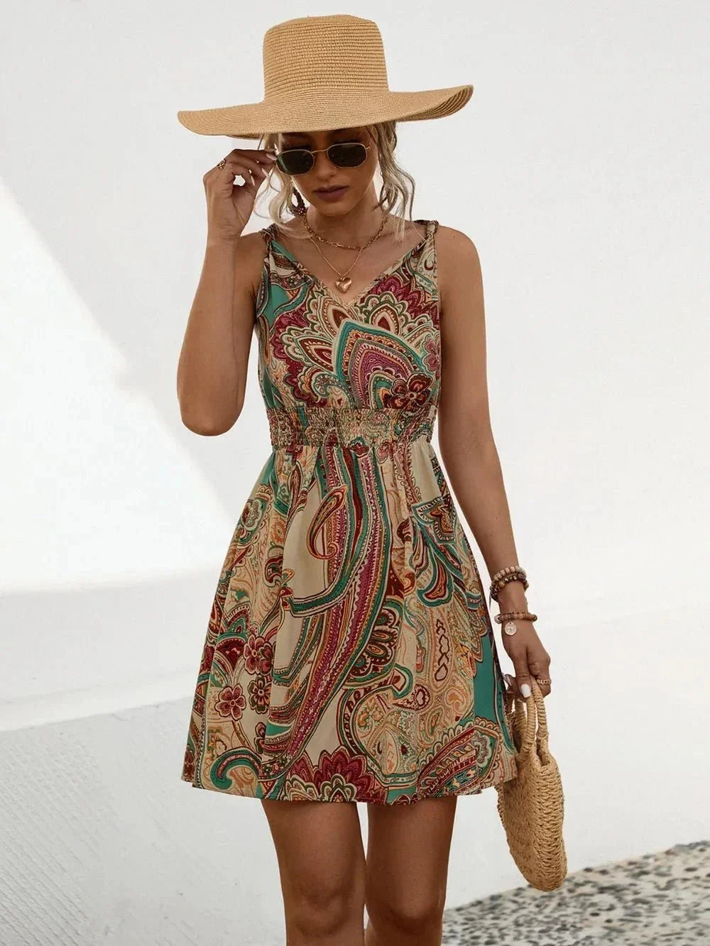 Smocked Printed V - Neck Mini Dress - VILLA FASHION