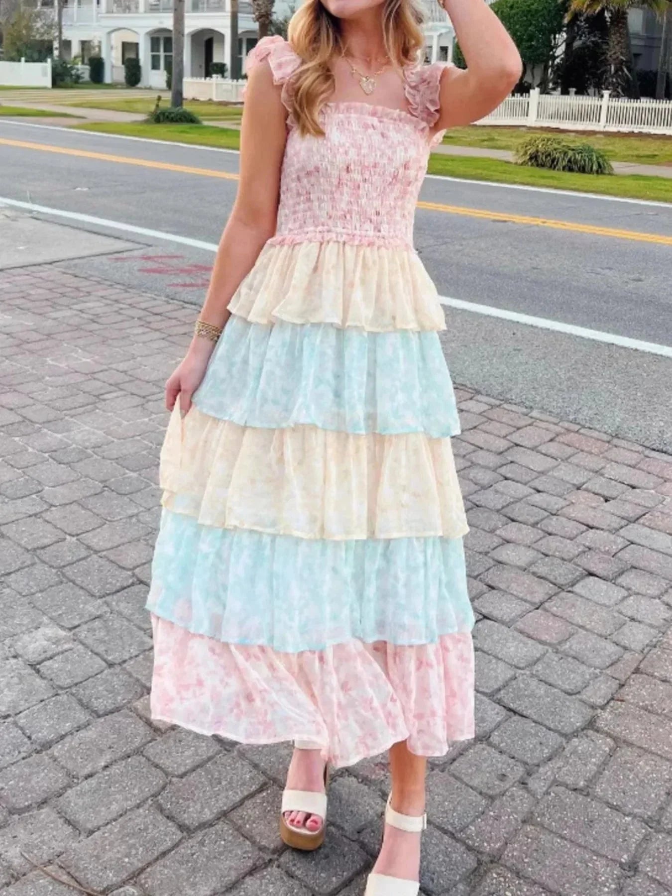 Smocked Ruffle Layered Floral Midi Dress - VILLA FASHION