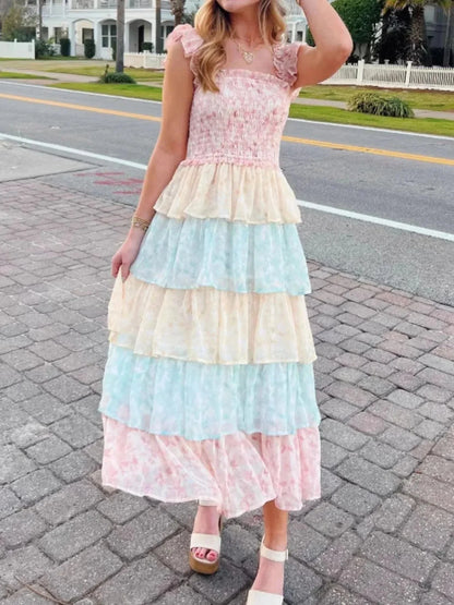 Smocked Ruffle Layered Floral Midi Dress - VILLA FASHION