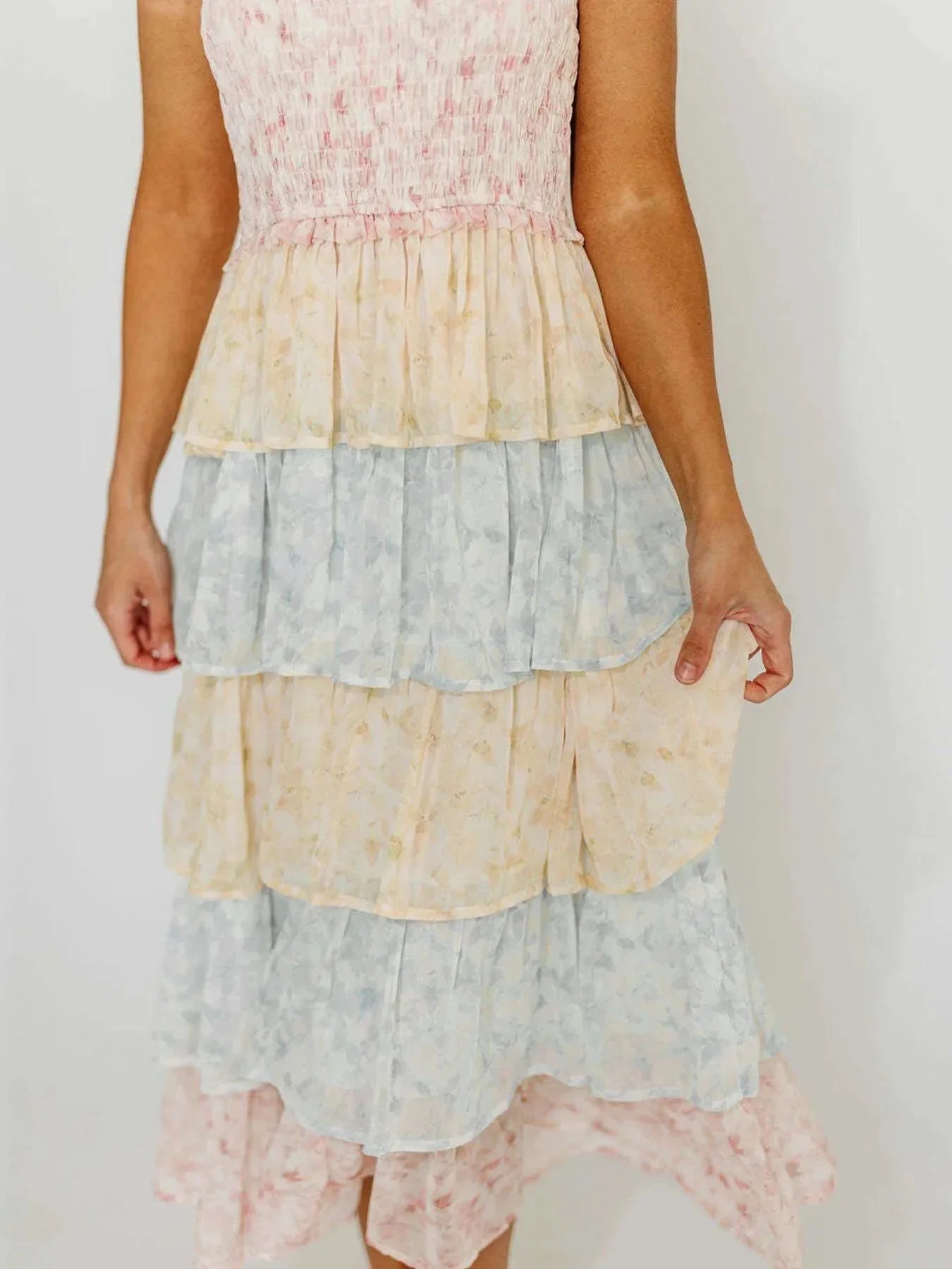 Smocked Ruffle Layered Floral Midi Dress - VILLA FASHION