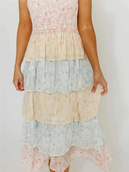 Smocked Ruffle Layered Floral Midi Dress - VILLA FASHION