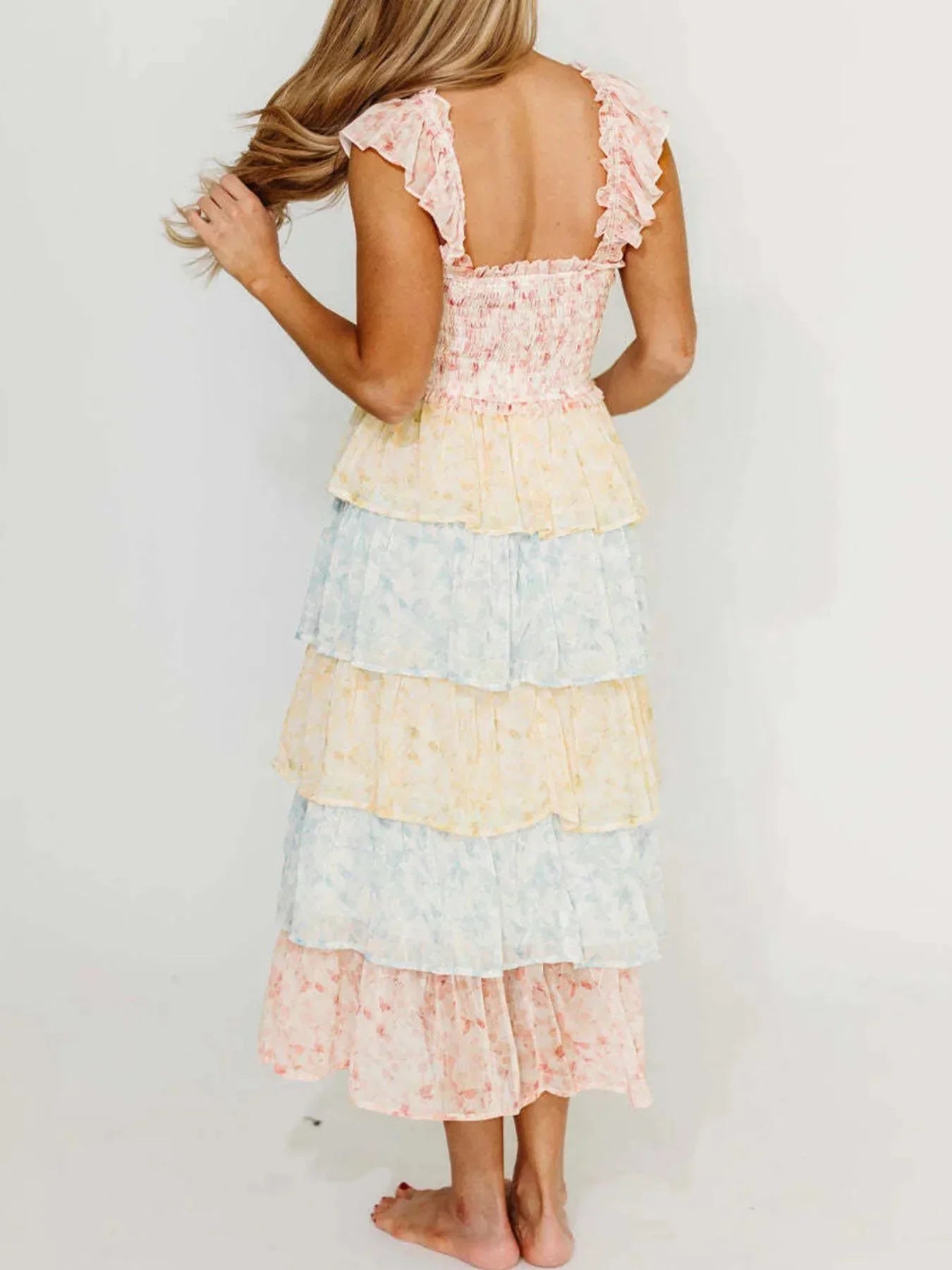 Smocked Ruffle Layered Floral Midi Dress - VILLA FASHION