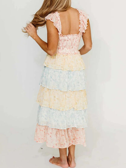 Smocked Ruffle Layered Floral Midi Dress - VILLA FASHION