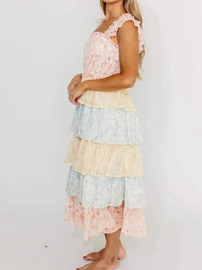 Smocked Ruffle Layered Floral Midi Dress - VILLA FASHION