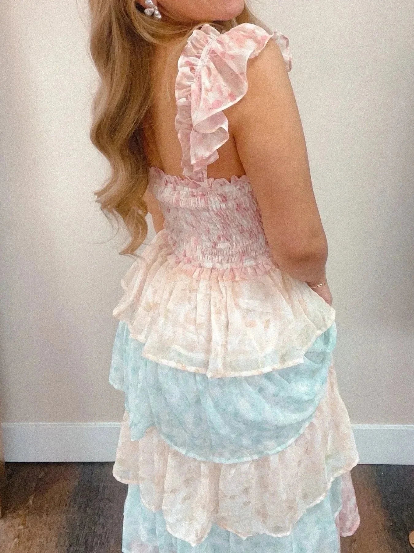 Smocked Ruffle Layered Floral Midi Dress - VILLA FASHION