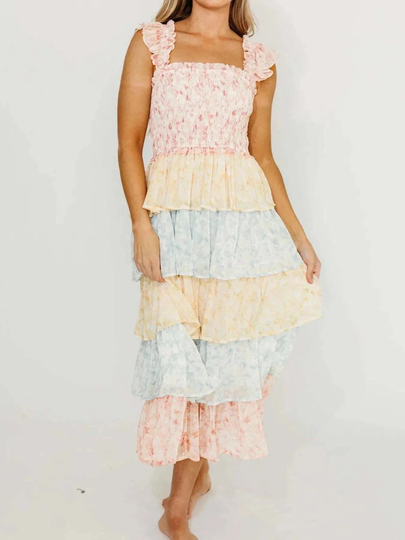 Smocked Ruffle Layered Floral Midi Dress - VILLA FASHION