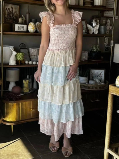 Smocked Ruffle Layered Floral Midi Dress - VILLA FASHION