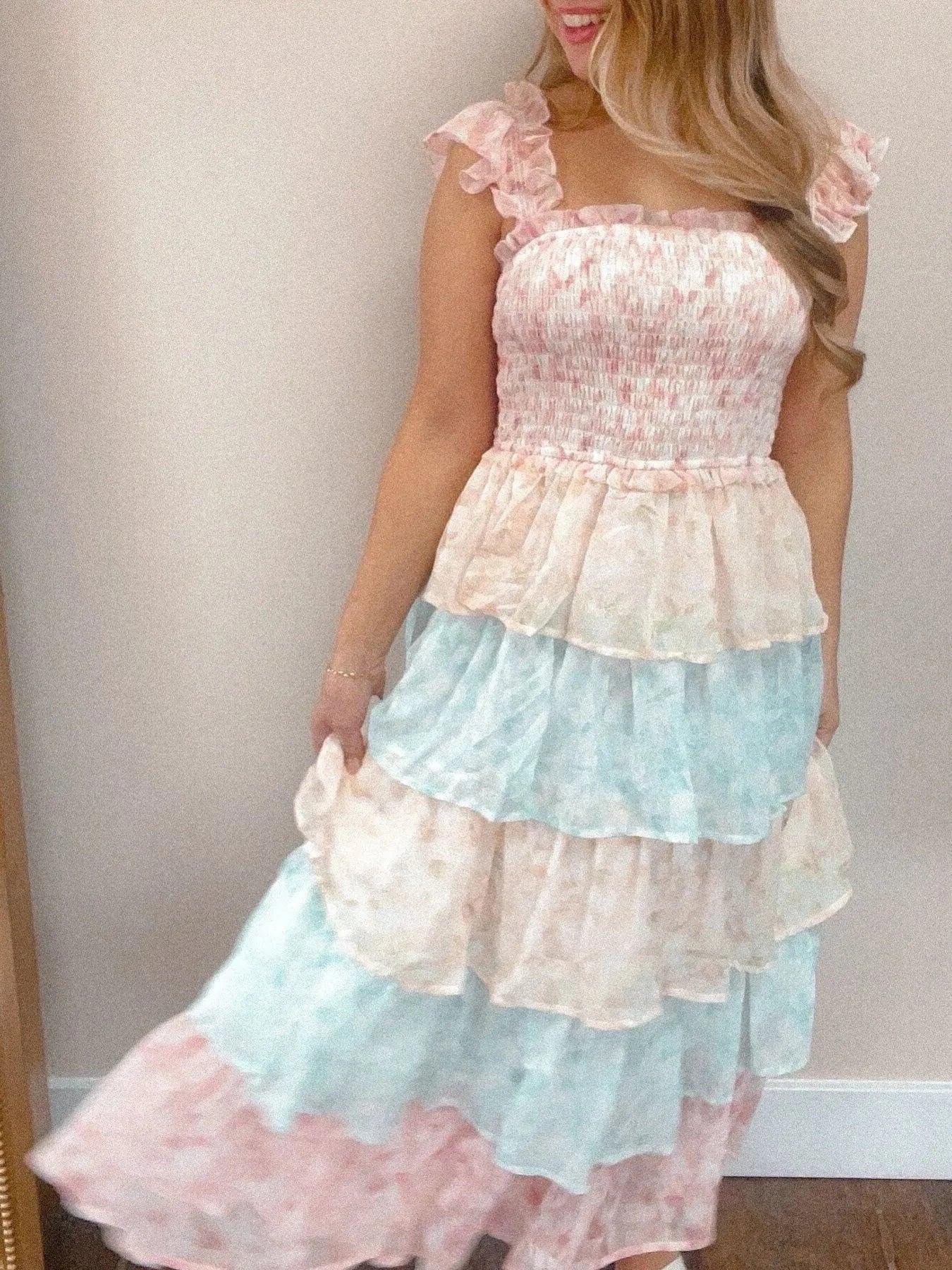 Smocked Ruffle Layered Floral Midi Dress - VILLA FASHION