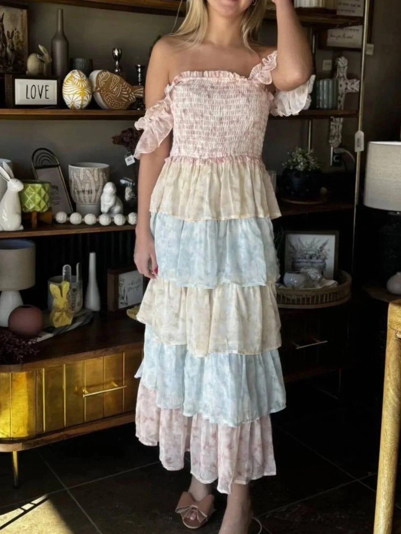 Smocked Ruffle Layered Floral Midi Dress - VILLA FASHION