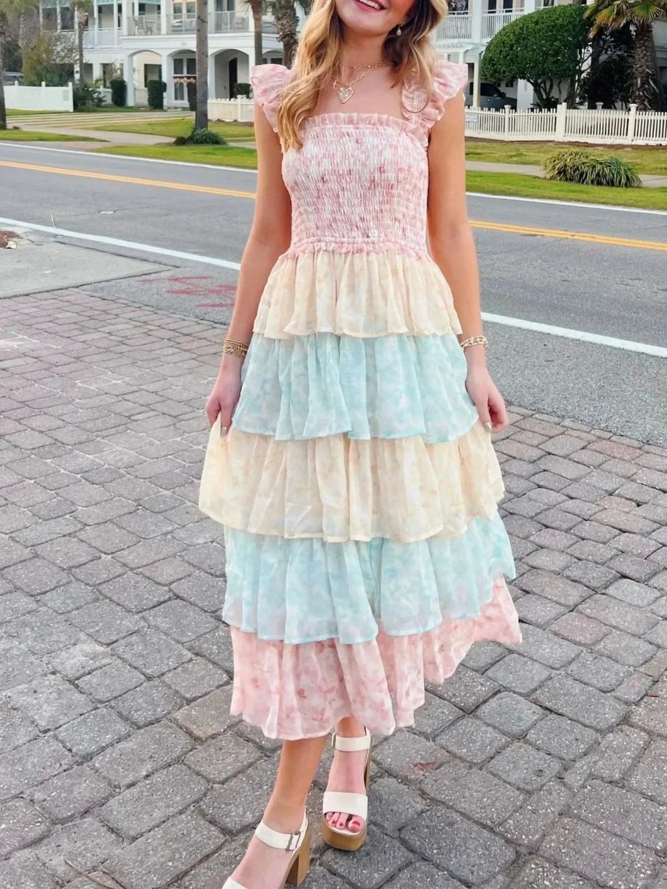 Smocked Ruffle Layered Floral Midi Dress - VILLA FASHION