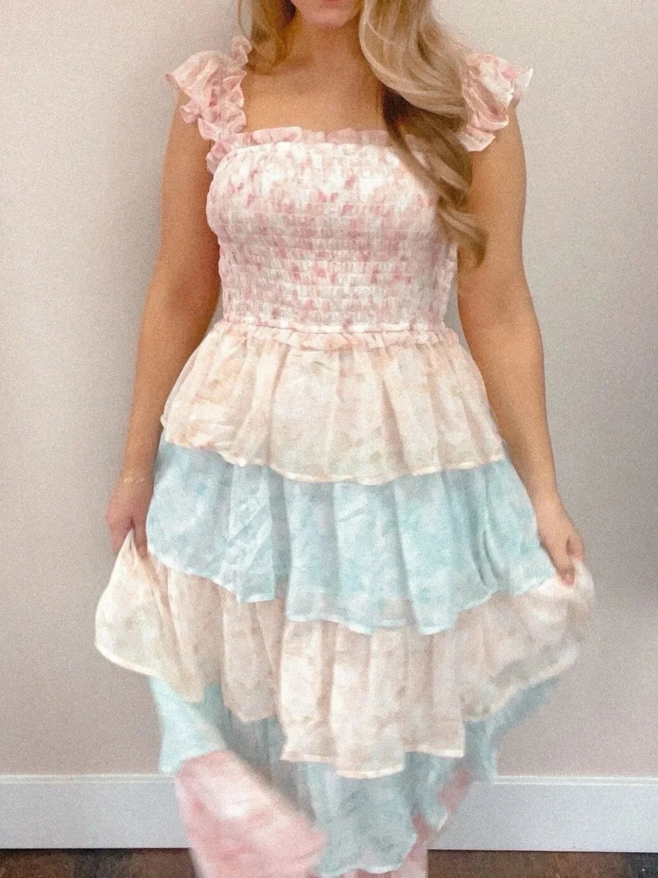 Smocked Ruffle Layered Floral Midi Dress - VILLA FASHION