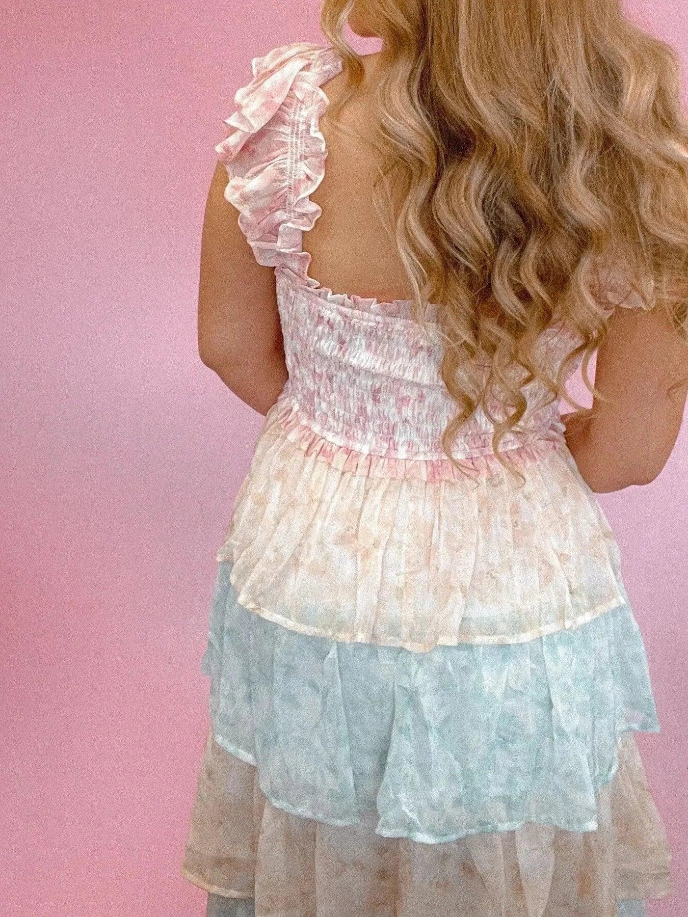 Smocked Ruffle Layered Floral Midi Dress - VILLA FASHION