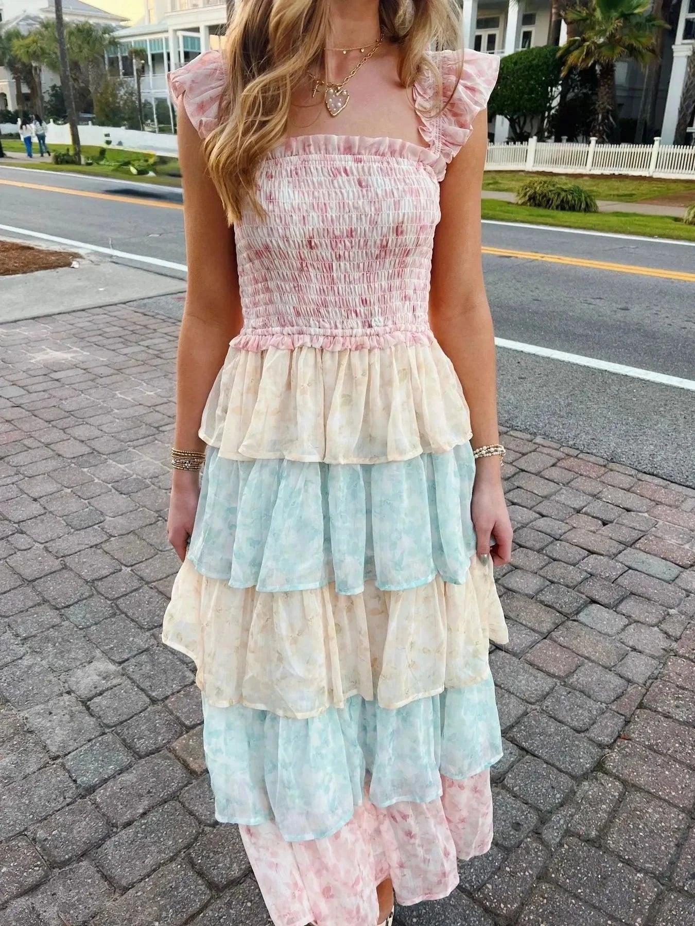 Smocked Ruffle Layered Floral Midi Dress - VILLA FASHION