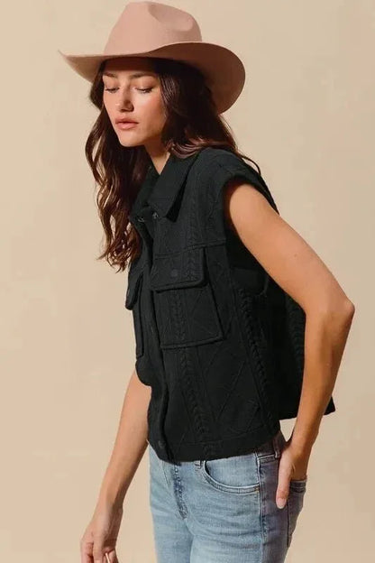 SO ME Cable Quilting Stitch Button Up Knit Vest - VILLA FASHION