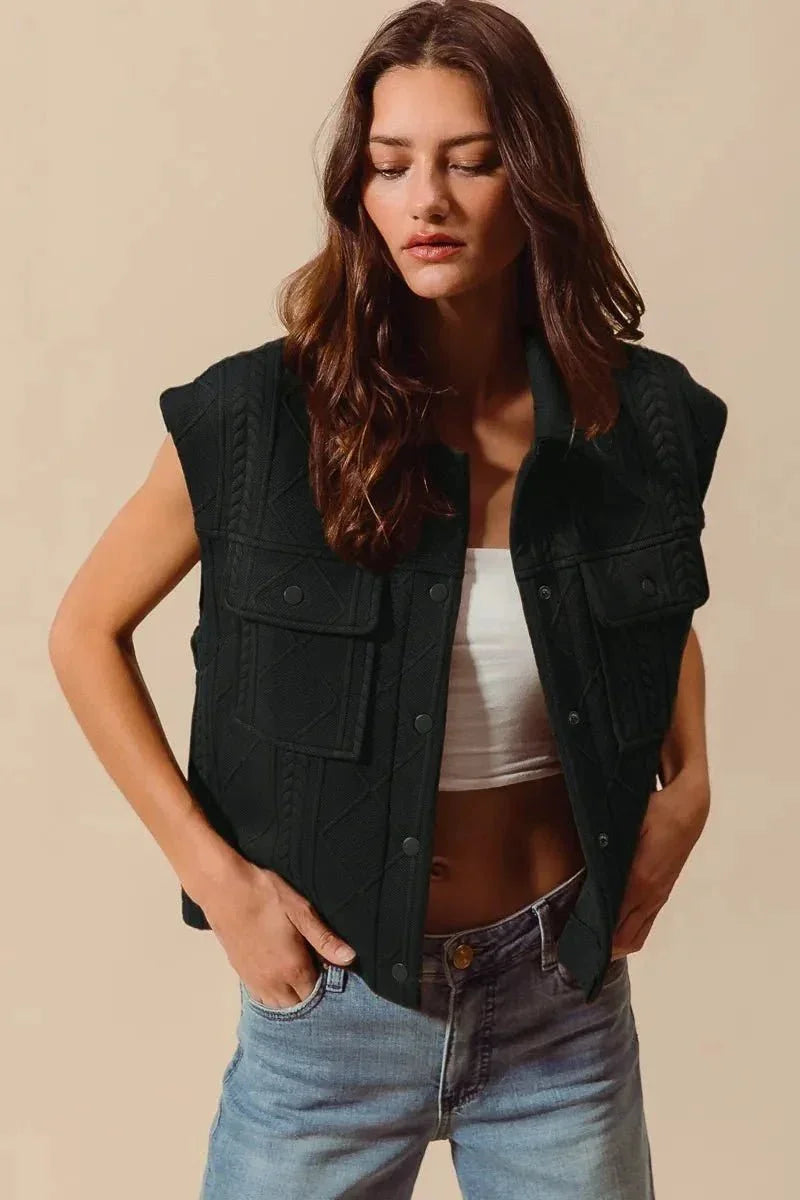 SO ME Cable Quilting Stitch Button Up Knit Vest - VILLA FASHION