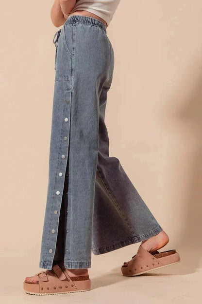 SO ME Mid Rise Drawstring Jeans with Side Snap Button - VILLA FASHION