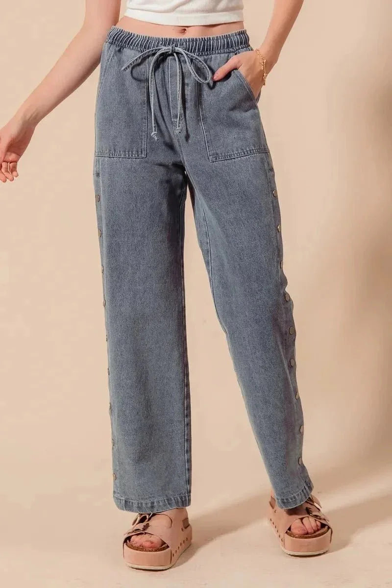 SO ME Mid Rise Drawstring Jeans with Side Snap Button - VILLA FASHION