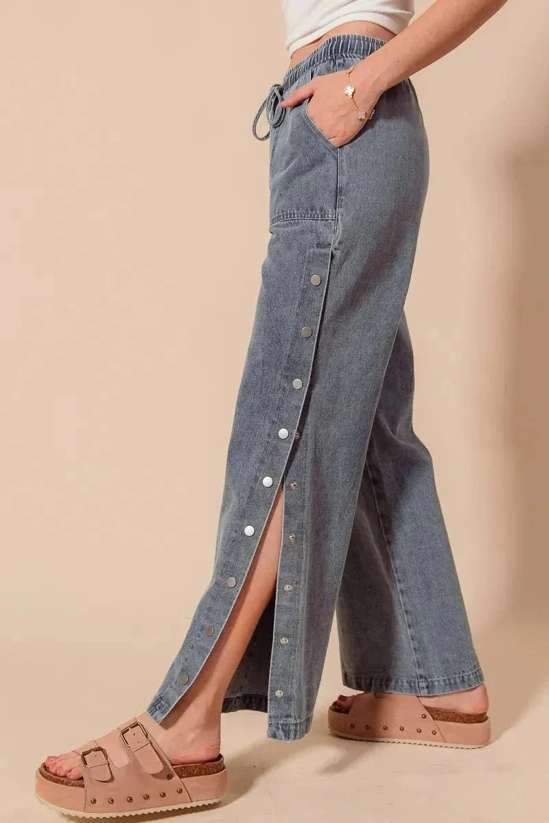 SO ME Mid Rise Drawstring Jeans with Side Snap Button - VILLA FASHION