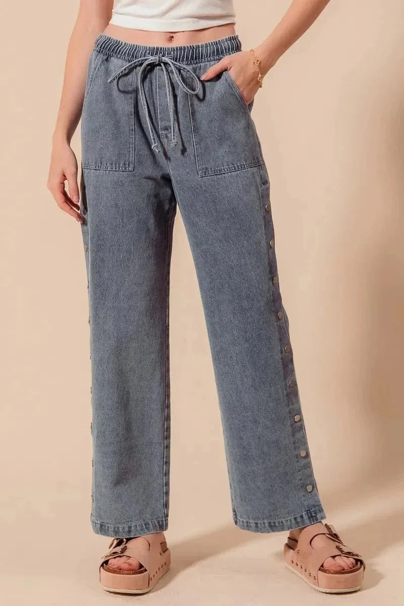 SO ME Mid Rise Drawstring Jeans with Side Snap Button - VILLA FASHION