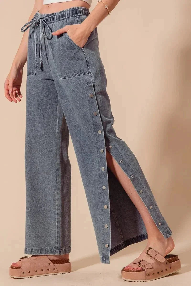 SO ME Mid Rise Drawstring Jeans with Side Snap Button - VILLA FASHION