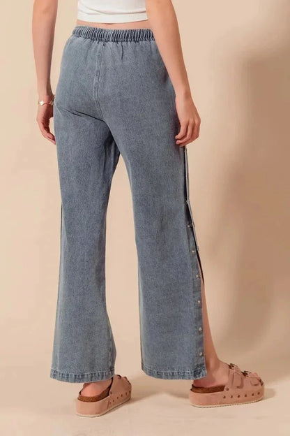 SO ME Mid Rise Drawstring Jeans with Side Snap Button - VILLA FASHION