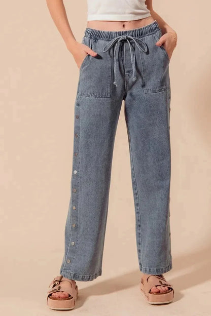 SO ME Mid Rise Drawstring Jeans with Side Snap Button - VILLA FASHION