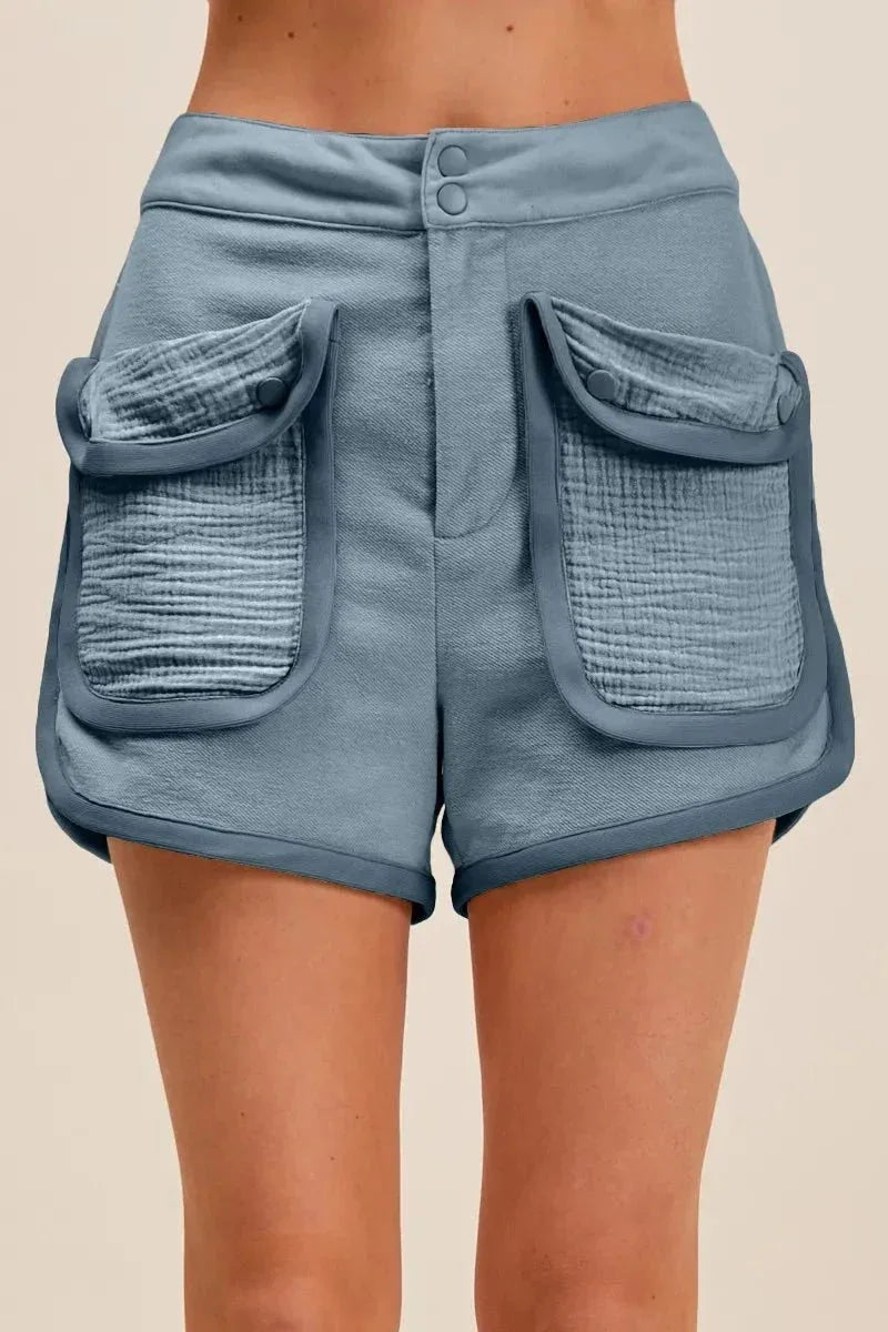 SO ME Mineral Washed Terry High Rise Cargo Shorts - VILLA FASHION