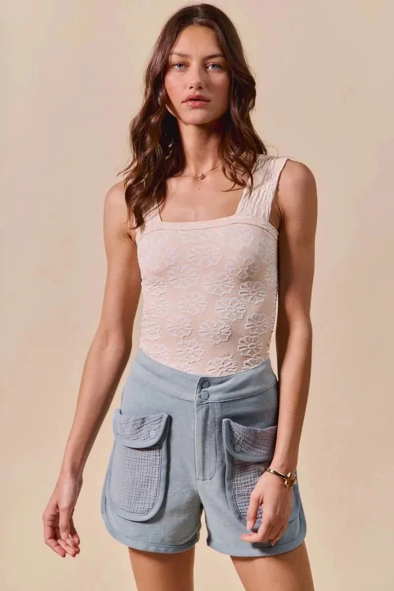 SO ME Mineral Washed Terry High Rise Cargo Shorts - VILLA FASHION