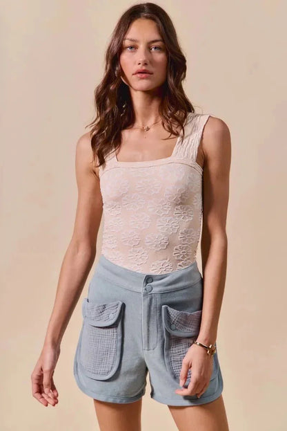 SO ME Mineral Washed Terry High Rise Cargo Shorts - VILLA FASHION