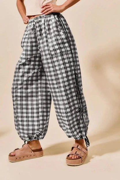 SO ME Plaid Elastic Waist Balloon Pants - VILLA FASHION