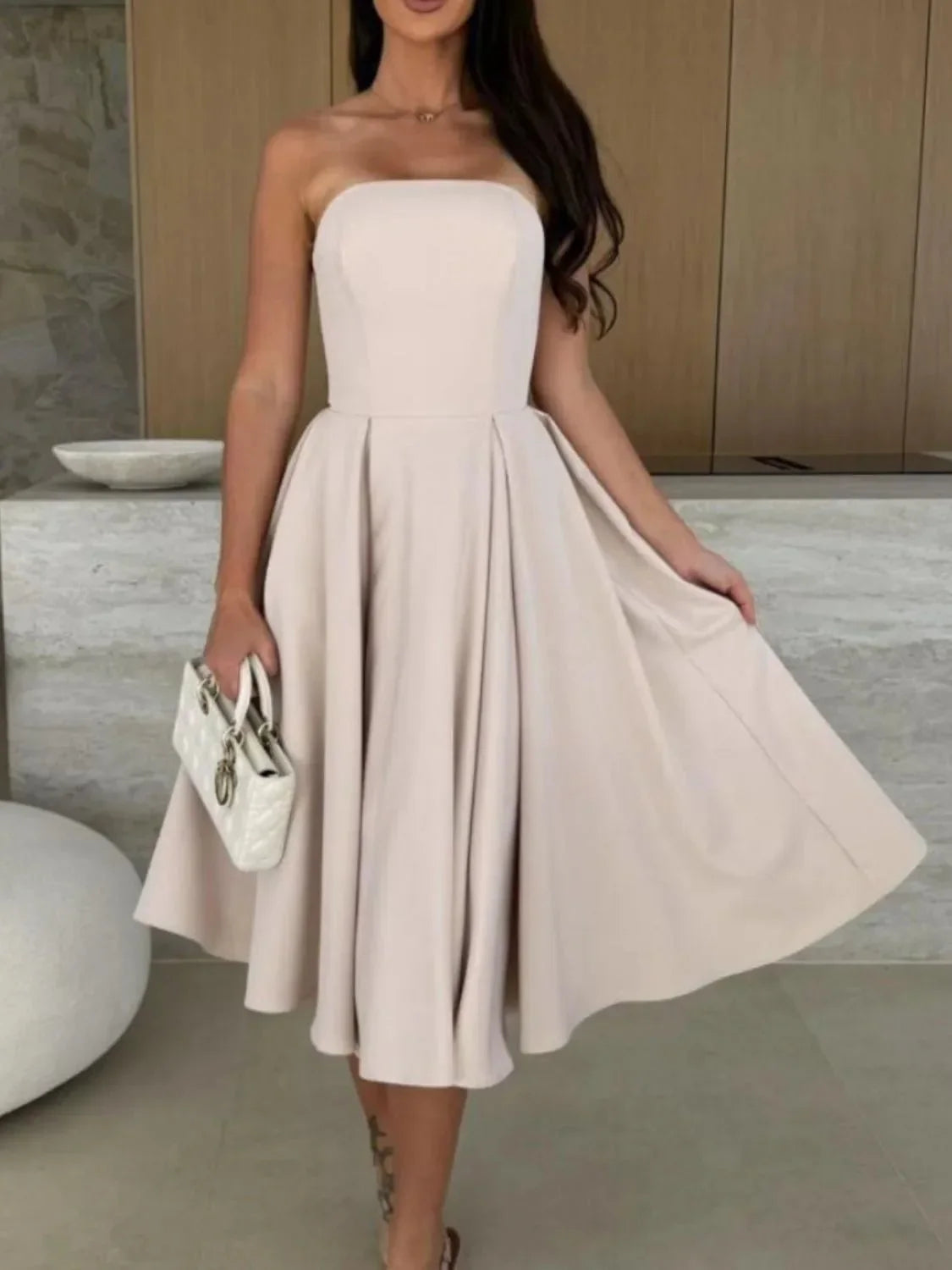 Solid Color Tube Midi Dress - VILLA FASHION