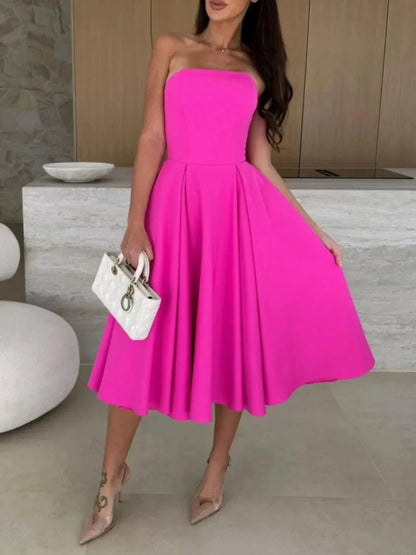 Solid Color Tube Midi Dress - VILLA FASHION