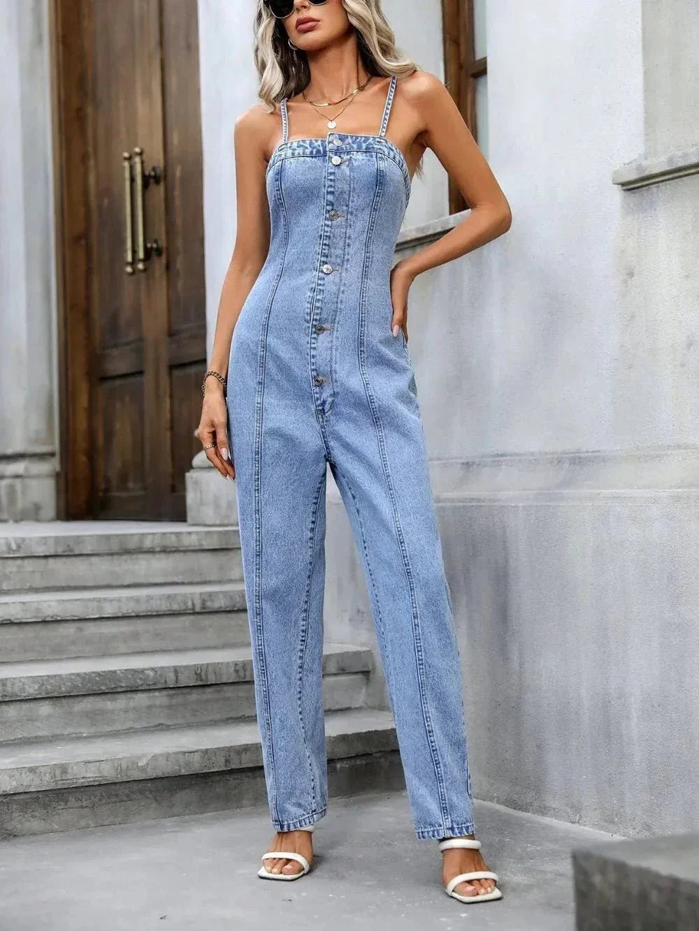 Spaghetti Strap Denim Overalls with Pockets - VILLA FASHION