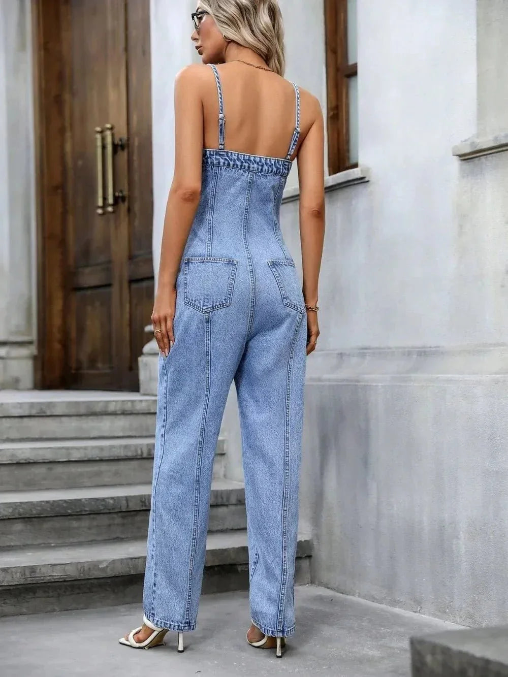 Spaghetti Strap Denim Overalls with Pockets - VILLA FASHION