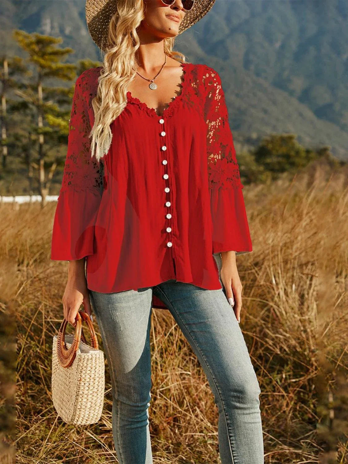 Spliced Lace Buttoned Blouse - VILLA FASHION